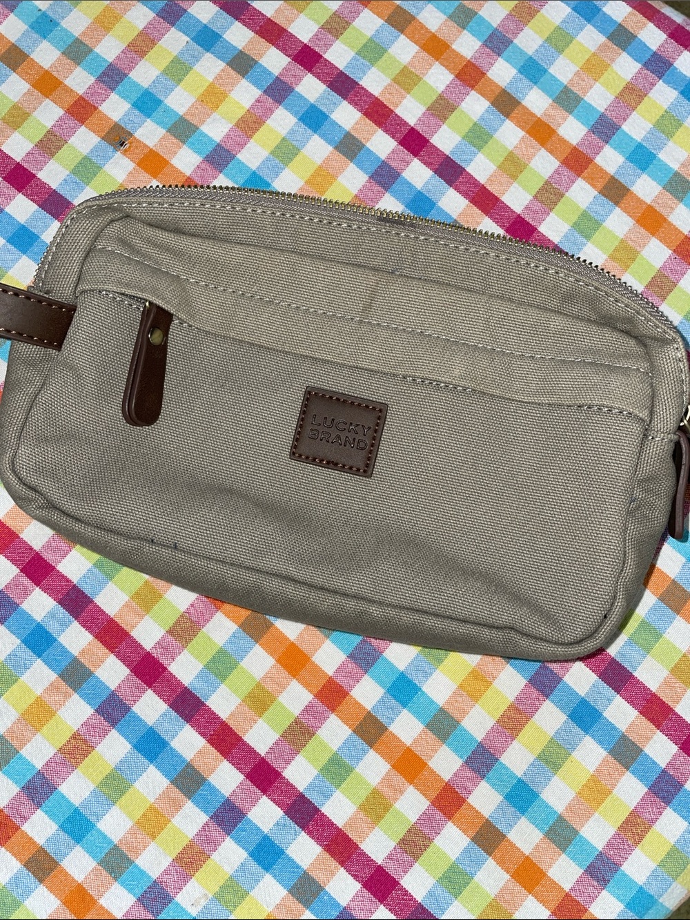 Lucky Brand Canvas Toiletry Bag in Khaki with Brown Trim